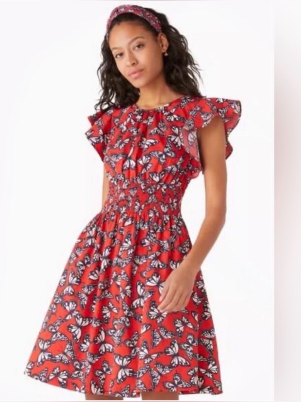 kate spade Red Butterfly-Print Shirred-Waist Midi Dress